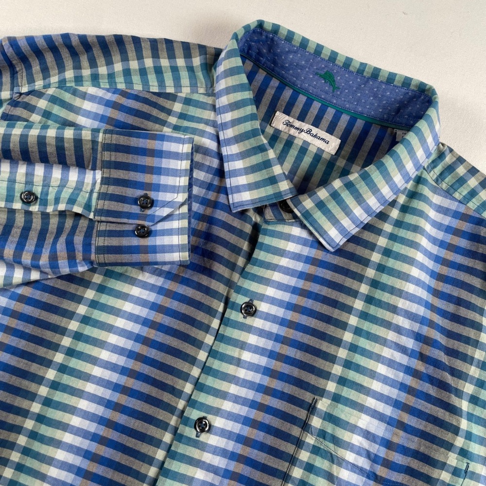Tommy Bahama XXL Mens Button‎ Down Long Sleeve Shirt Blue Green Plaid Grid Ombre
